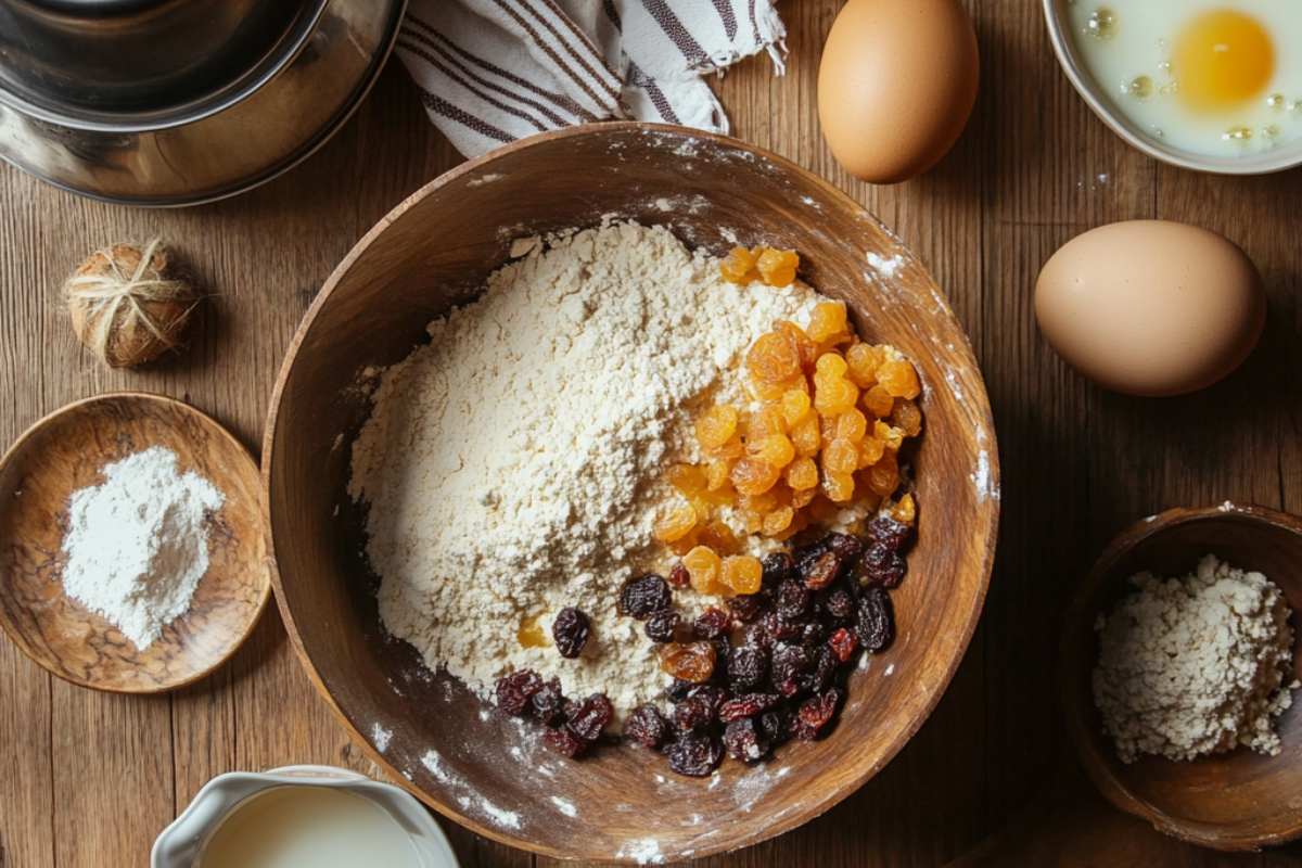 Overhead view of British steamed pudding preparation with ingredients on a wooden countertop.