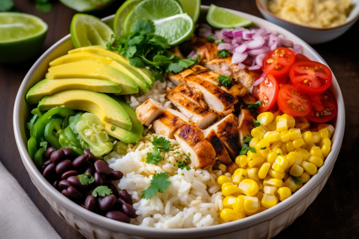 Close-up of a taco bowl being assembled with rice, chicken, vegetables, and garnishes