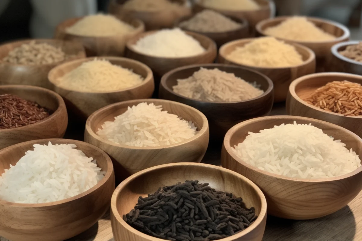 Different types of rice in small wooden bowls labeled Arborio, Jasmine, Basmati, and sticky rice.