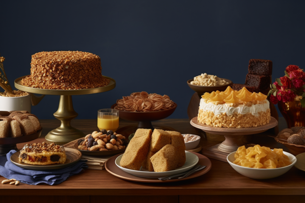 A variety of crunch cakes from different cultures, featuring praline, coffee, and crispy rice toppings