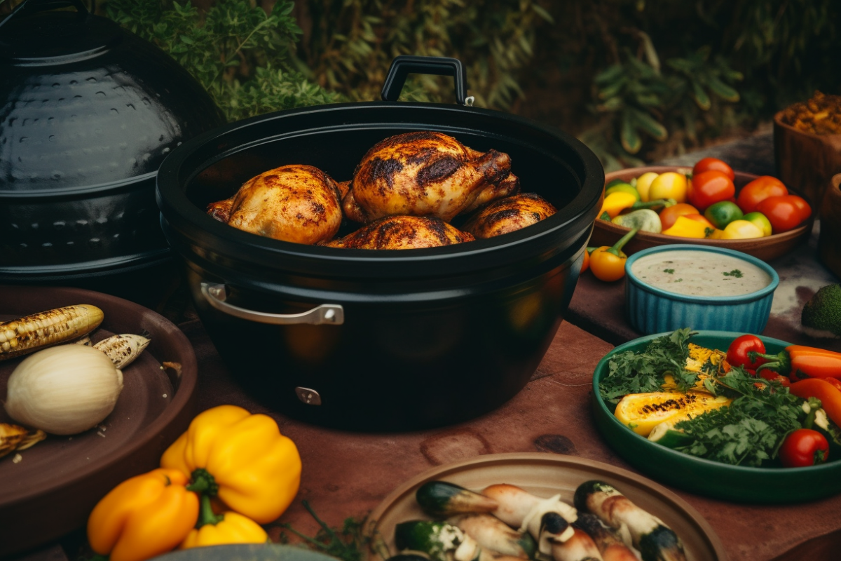 Pollo asado grilling over charcoal, surrounded by spices, vegetables, and citrus on an outdoor barbecue setup.