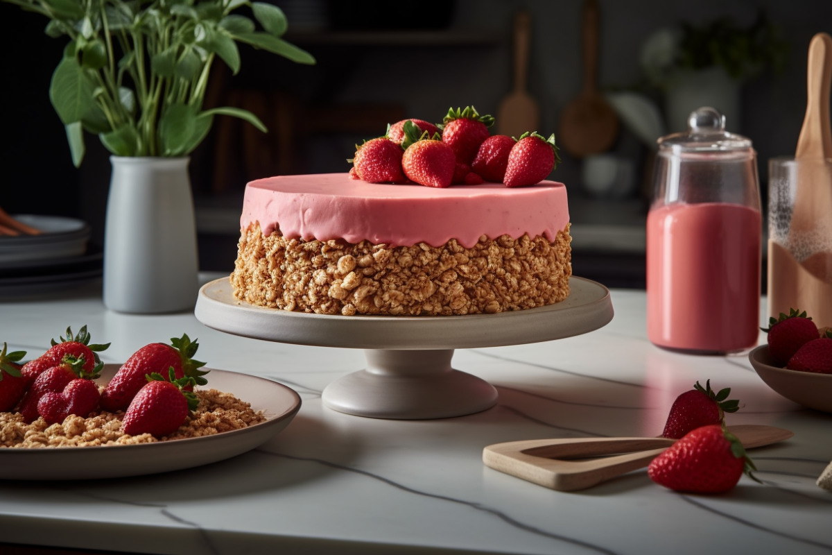 A freshly made strawberry crunch cake with layers of pink frosting, golden cookie crumbs, and fresh strawberries on a white cake stand.