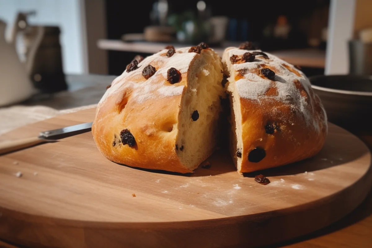 Close-up of a golden Spotted Dog loaf on a rustic cutting board in an Irish kitchen setting.