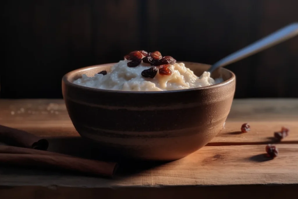 A bowl of creamy rice pudding garnished with cinnamon and raisins on a wooden table.