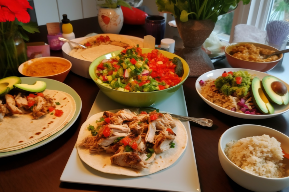 Pollo asado tacos with guacamole, pico de gallo, lime, rice, and grilled vegetables on a festive table setup.