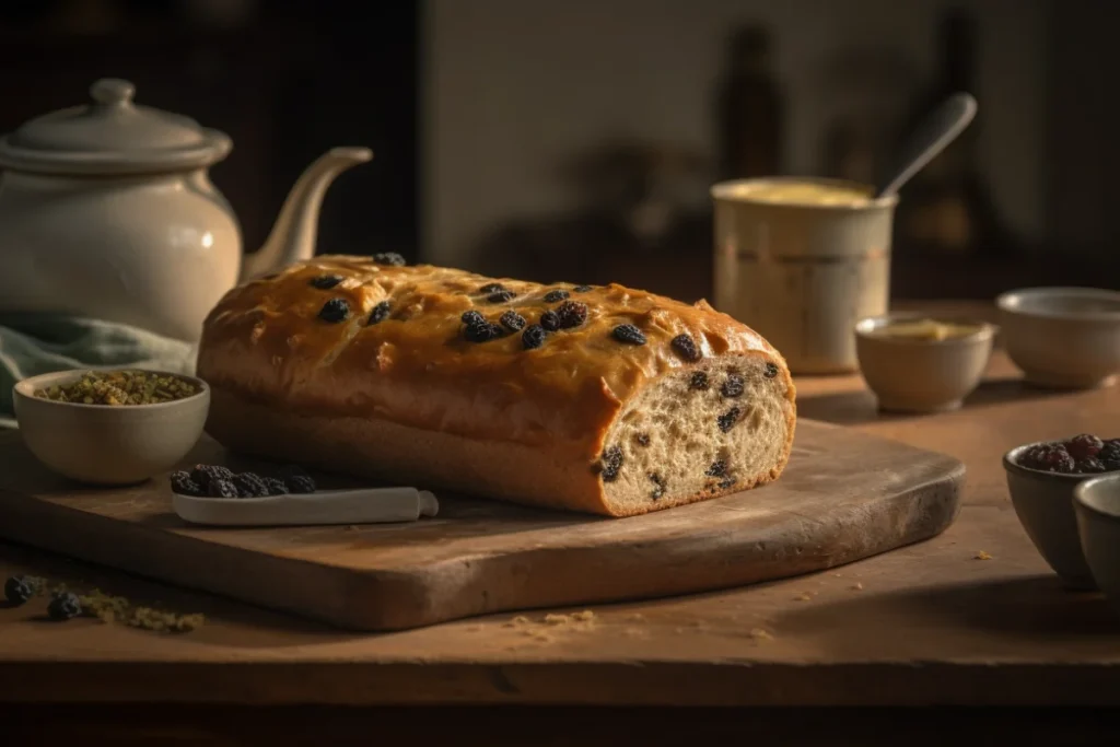 A freshly baked Spotted Dog loaf with golden raisins and currants, served with butter and jam in a cozy Irish kitchen setting.