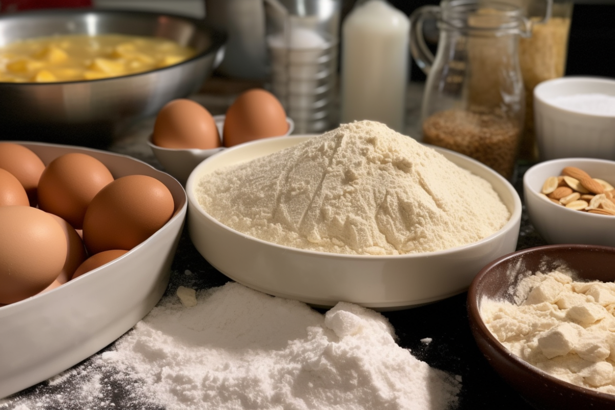 A baker spreading caramelized nuts over a cake during the preparation process, with baking ingredients in the background.