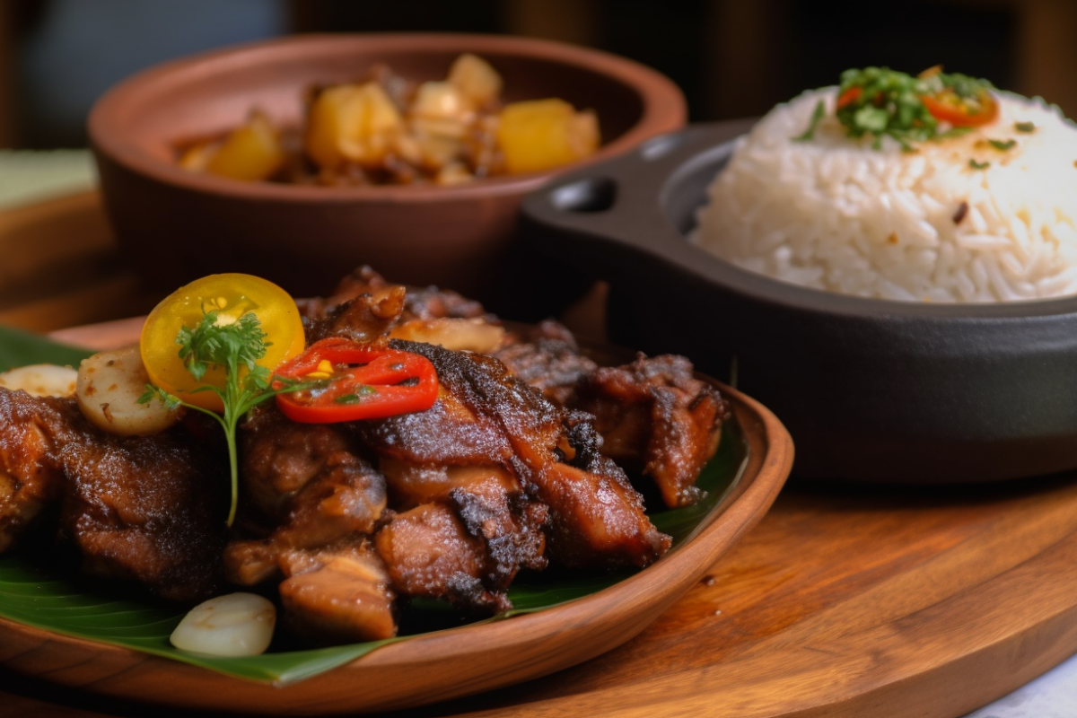 Traditional Filipino Chicken Asado served with rice on a wooden table, showcasing its cultural roots.