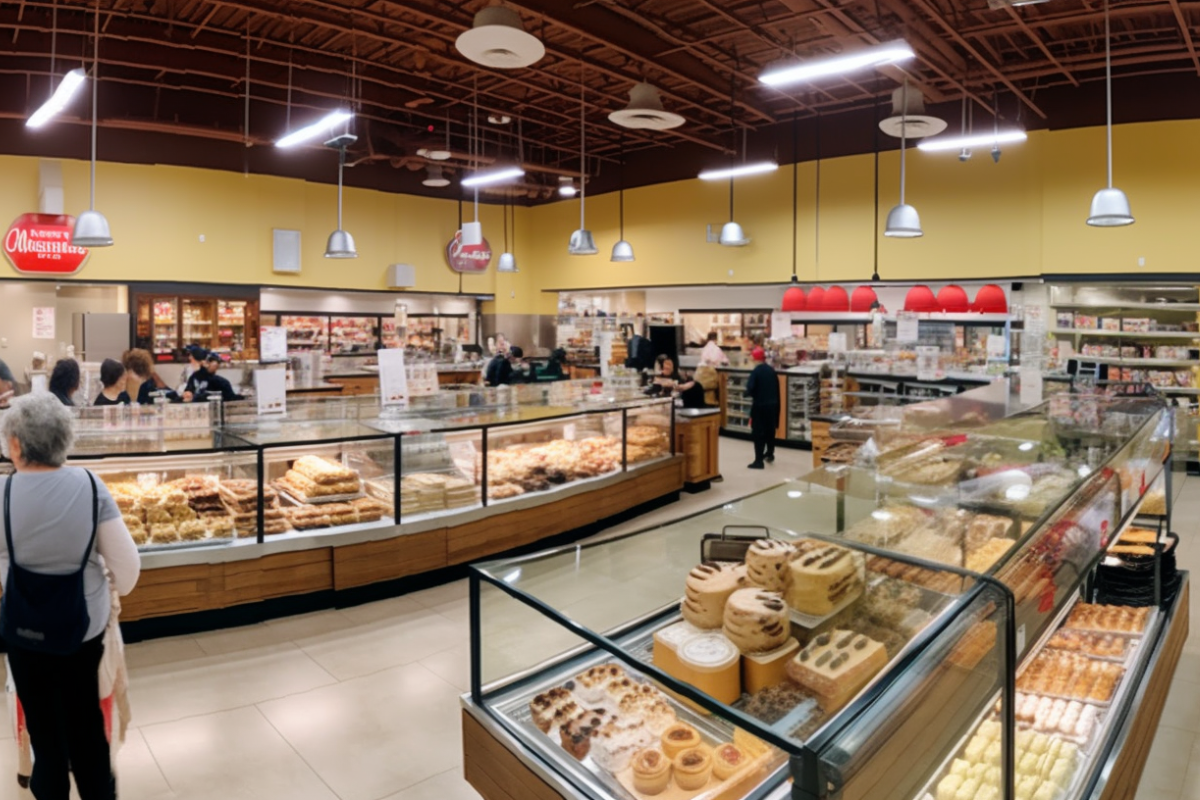 Interior of a Costco bakery showcasing cakes and pastries neatly displayed with shoppers browsing.