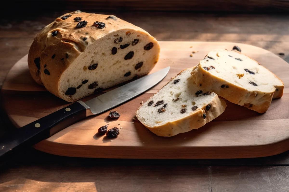 A close-up of a sliced Spotted Dog loaf showcasing its soft texture and raisins, accompanied by a butter dish and knife.