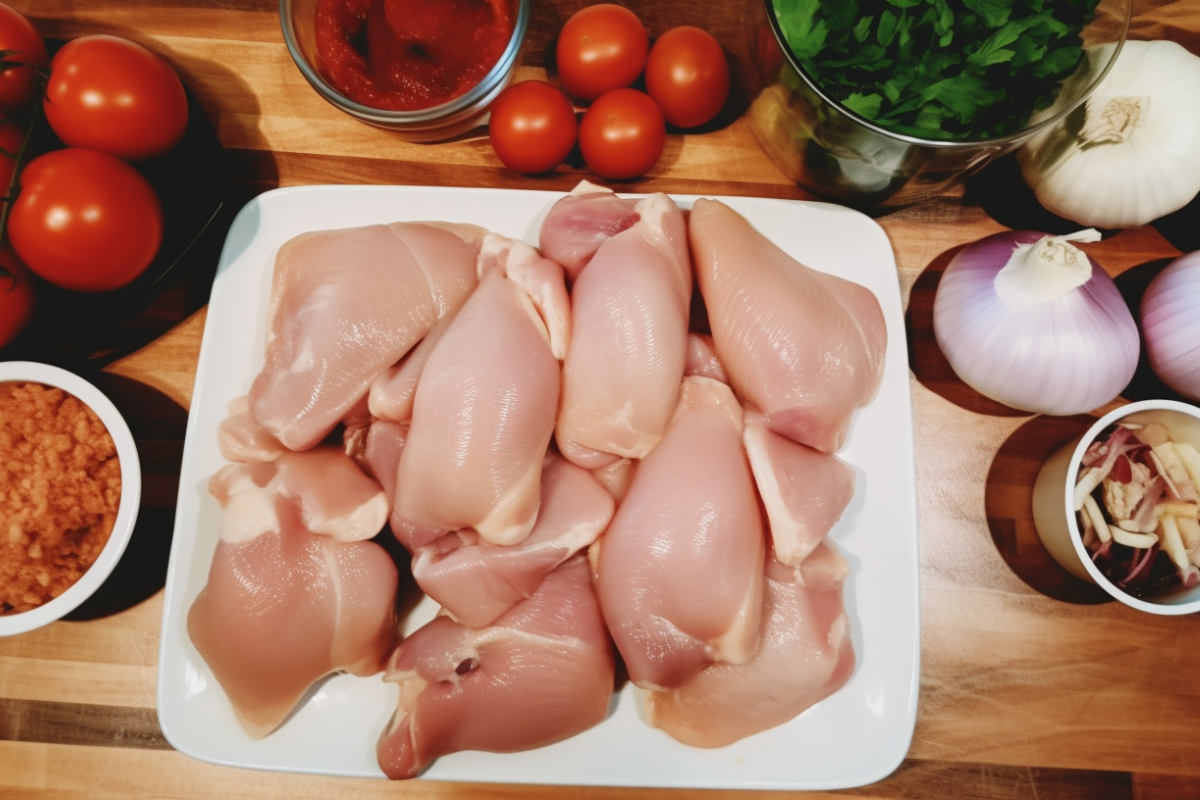 Fresh ingredients for Chicken Asado, including chicken, soy sauce, garlic, onions, and spices, arranged on a rustic table.