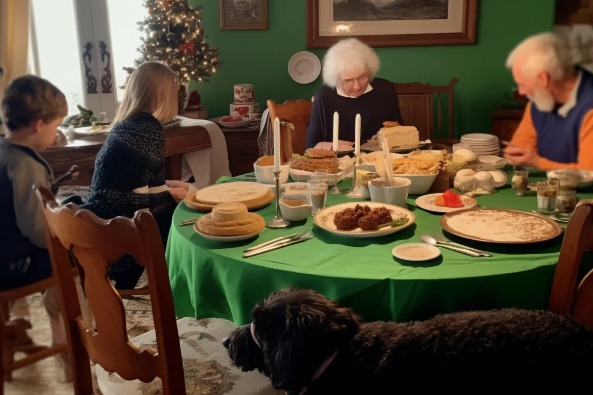 An Irish family gathering around a table, enjoying Spotted Dog with tea, in a warm and festive setting.