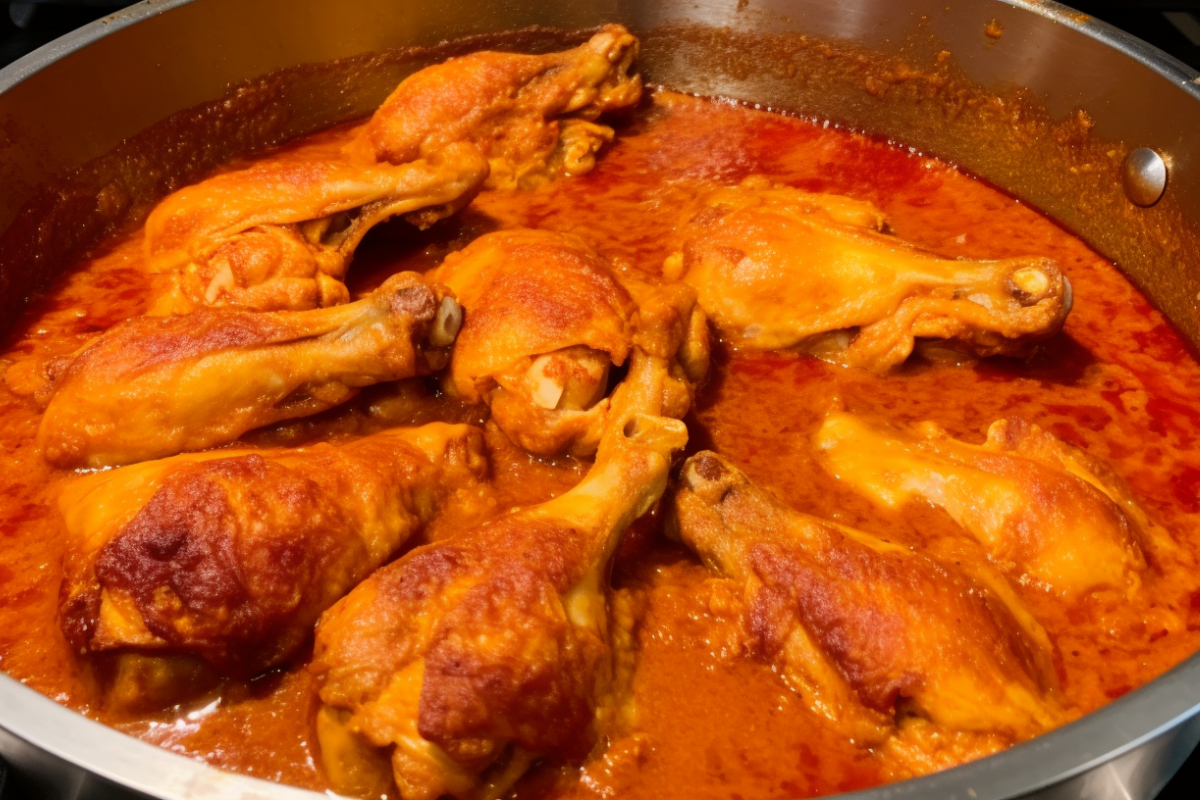 Chicken Asado cooking in a pan, with chicken simmering in a rich tomato-based sauce and aromatic steam rising.