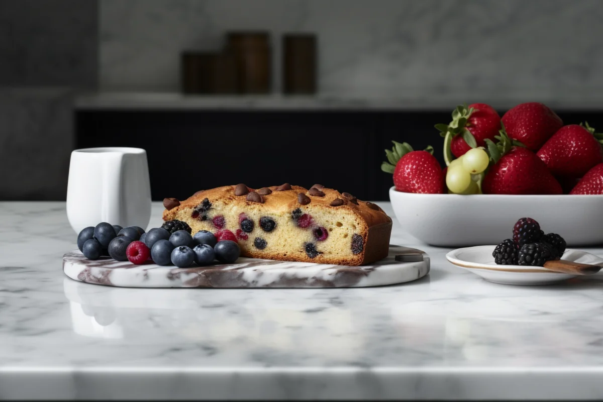 A modern variation of Spotted Dog with chocolate chips and mixed berries, served with cappuccinos on a marble countertop.