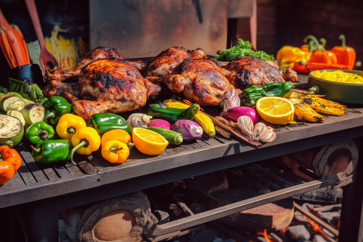 Pollo Asado grilling on a charcoal grill surrounded by fresh citrus fruits, spices, and chili peppers with a rustic Latin American background.