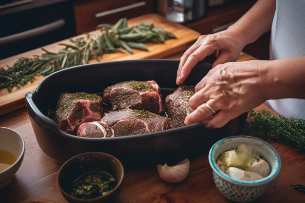 Hands marinating a venison roast with herbs and olive oil on a kitchen counter.