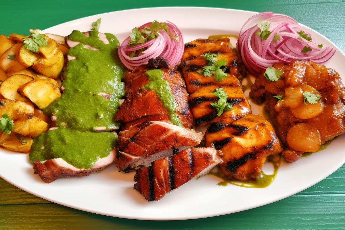 A platter showcasing three styles of Pollo Asado: Mexican spicy marinade, Caribbean pineapple glaze, and Peruvian green sauce.