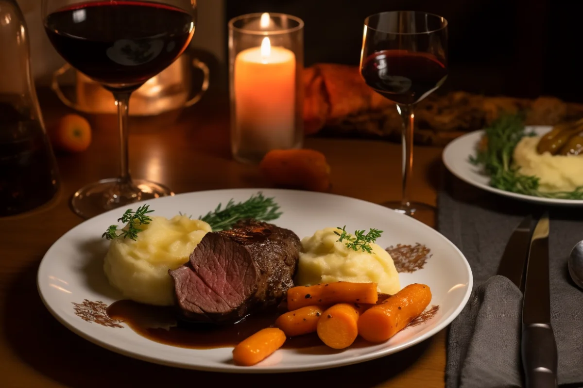 Plated venison roast served with mashed potatoes, glazed carrots, and wine sauce.