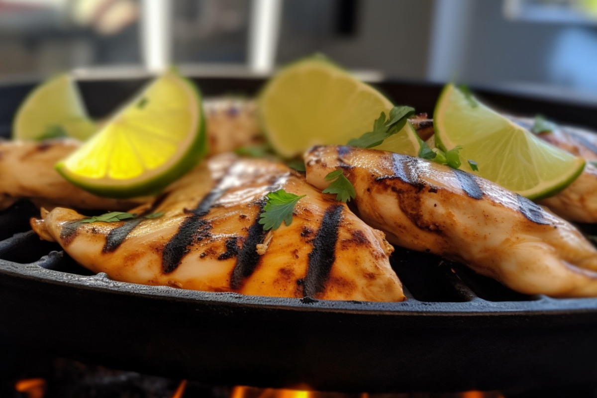 Marinated chicken sizzling on a grill with golden char, accompanied by a basting brush, marinade bowl, and fresh lime slices.