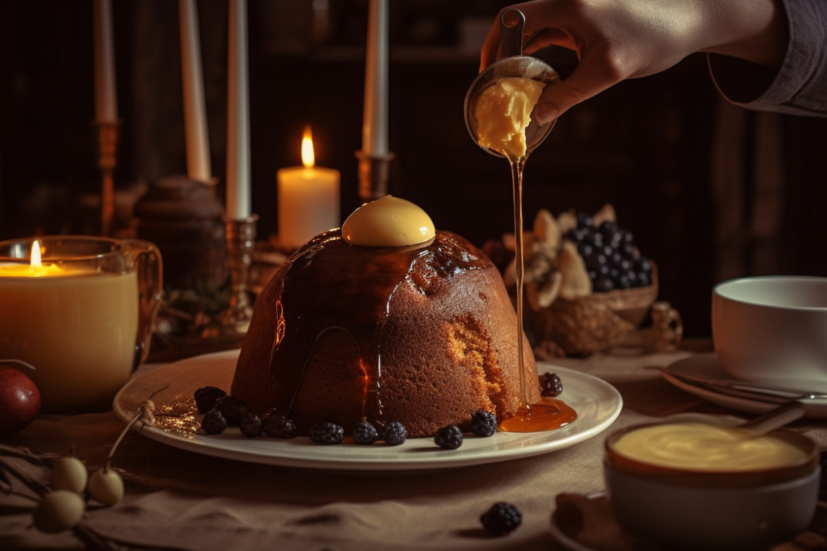 Traditional British steamed pudding with dried fruits and custard on a rustic dessert table.