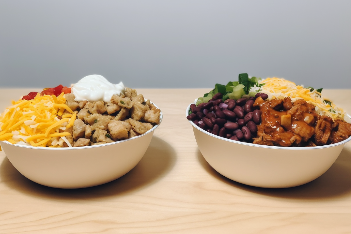 Side-by-side comparison of a Taco Bell Power Bowl and a Chipotle Burrito Bowl, showing their distinct features