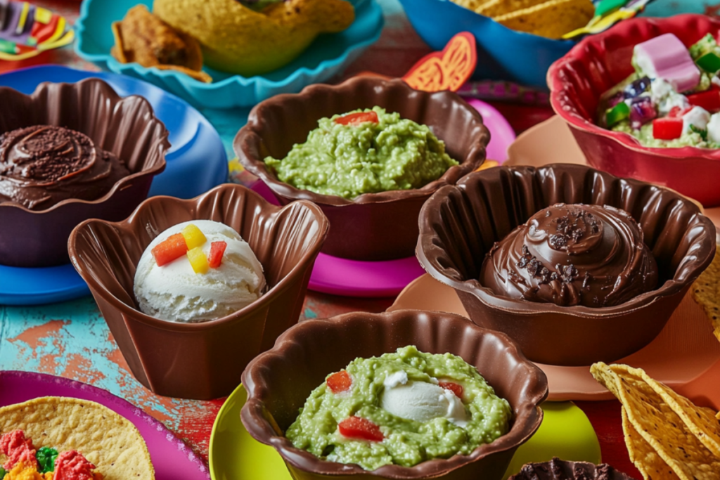 Creative edible bowls made with taco molds, including dessert and appetizer variations on a colorful table