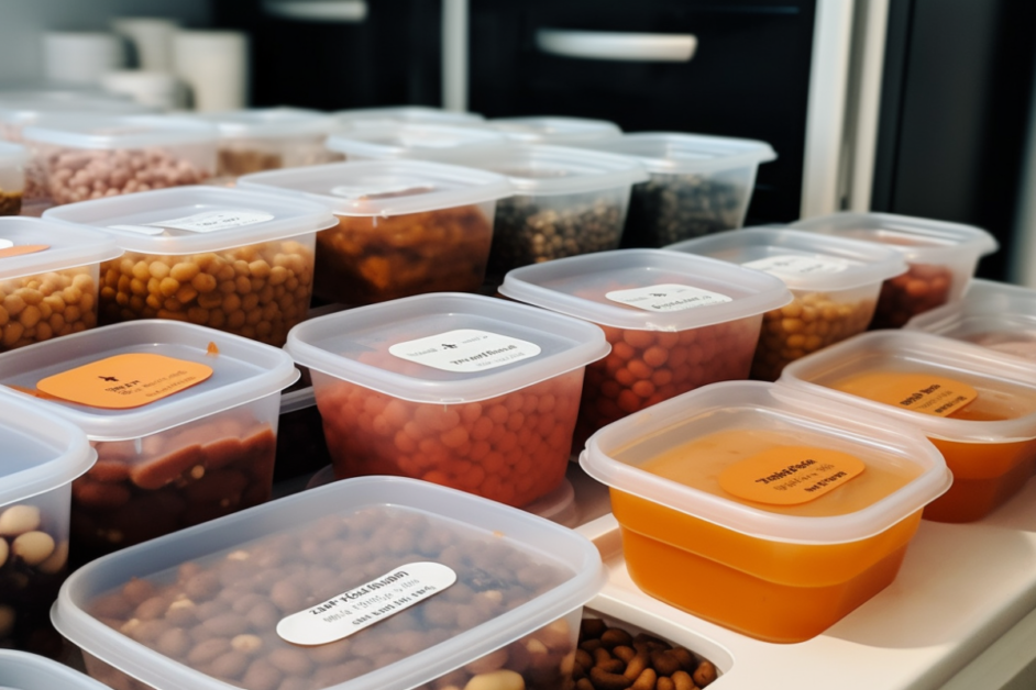 Silicone freezer bags filled with calico beans, labeled with dates, in a clean, organized freezer drawer.