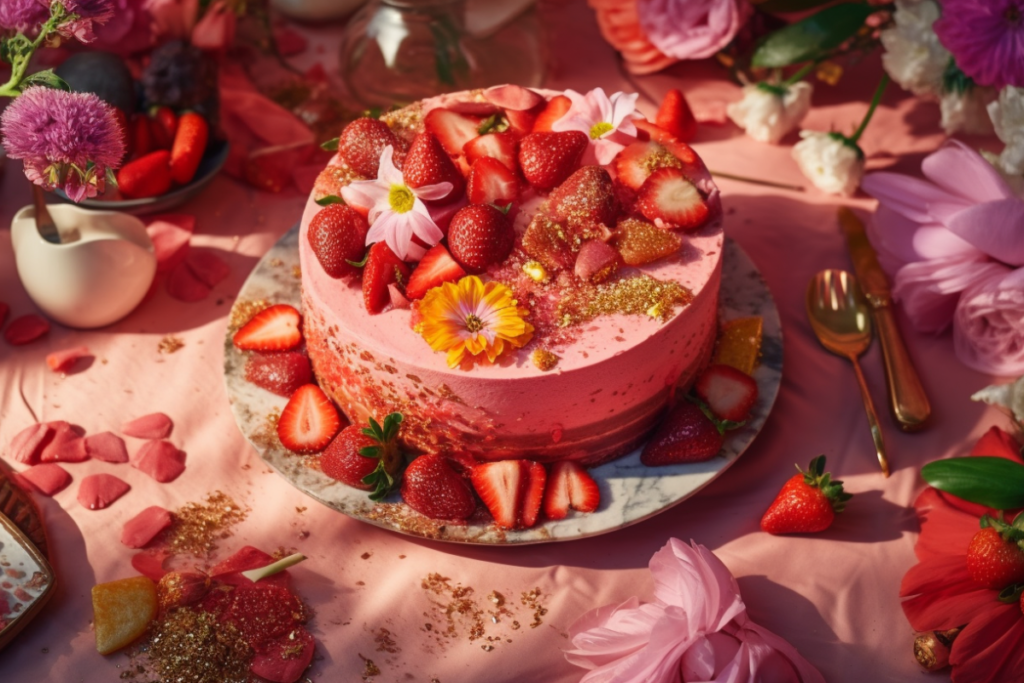 A party-ready strawberry crunch cake decorated with whole strawberries, edible flowers, and a pink ombre effect, displayed on a festive table