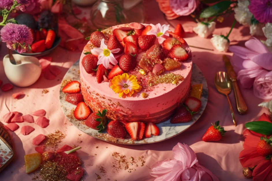 A party-ready strawberry crunch cake decorated with whole strawberries, edible flowers, and a pink ombre effect, displayed on a festive table