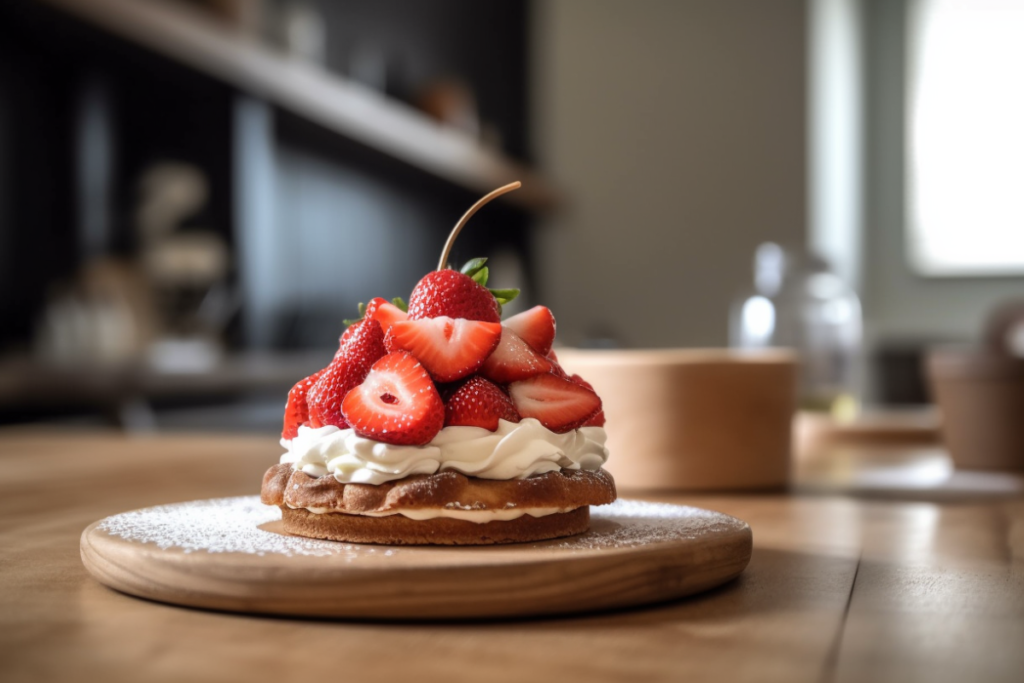 A strawberry dessert featuring fresh strawberries, whipped cream, and cake layers.