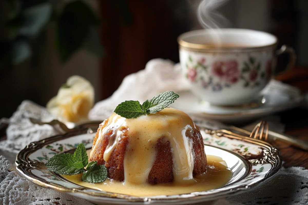 Plated British steamed pudding with custard and tea on a lace-covered table.