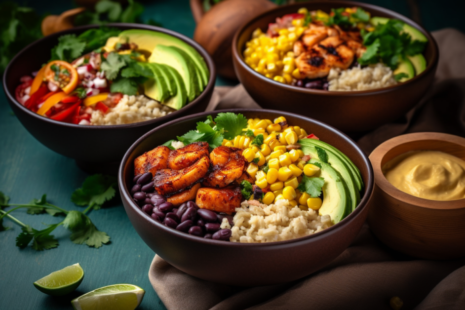 Three finished taco bowls featuring chicken, vegetarian, and seafood variations