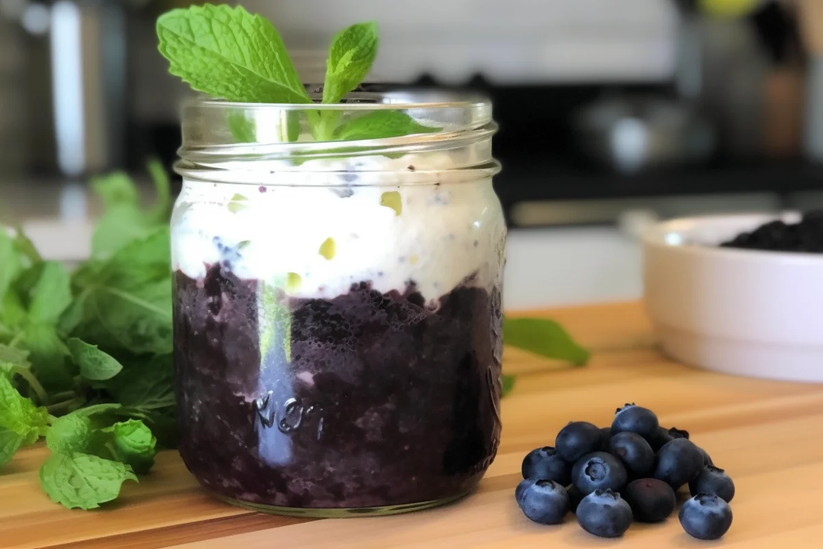 Black rice pudding in a jar topped with coconut cream, blueberries, and mint.