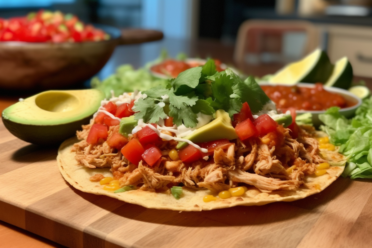 A classic Mexican tostada topped with refried beans, shredded chicken, lettuce, tomatoes, and salsa, served on a wooden table with colorful decor