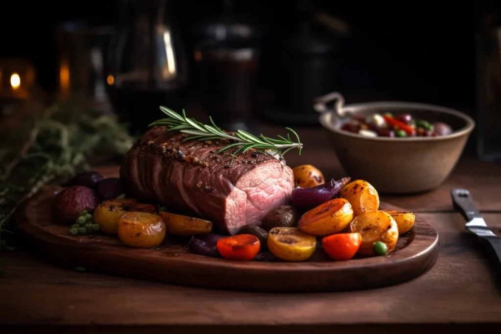 A roasted venison loin garnished with fresh herbs, served with roasted vegetables and gravy.