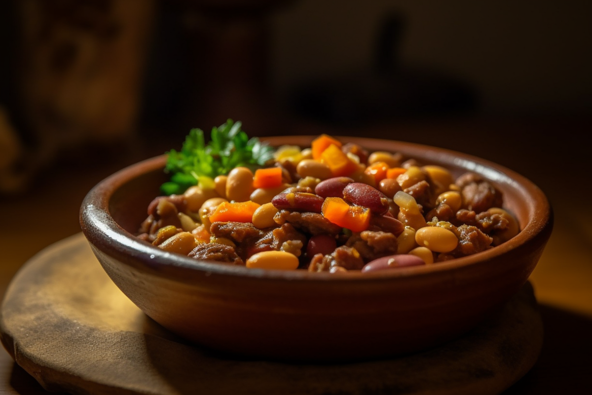 Close-up of a colorful calico beans dish served in a wooden bowl, featuring kidney, pinto, and butter beans with ground beef and a tangy sauce.