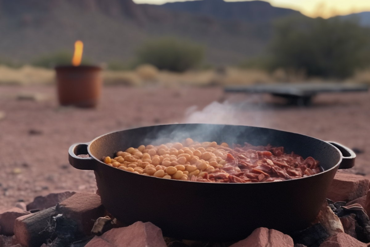 A pot of cowboy beans cooking over a campfire, surrounded by desert landscape, highlighting beans, bacon, and spices in a rustic setting.