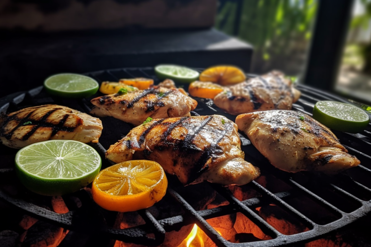 Pollo Asado being grilled on a charcoal grill with golden-brown chicken, grill marks, and fresh lime and orange slices