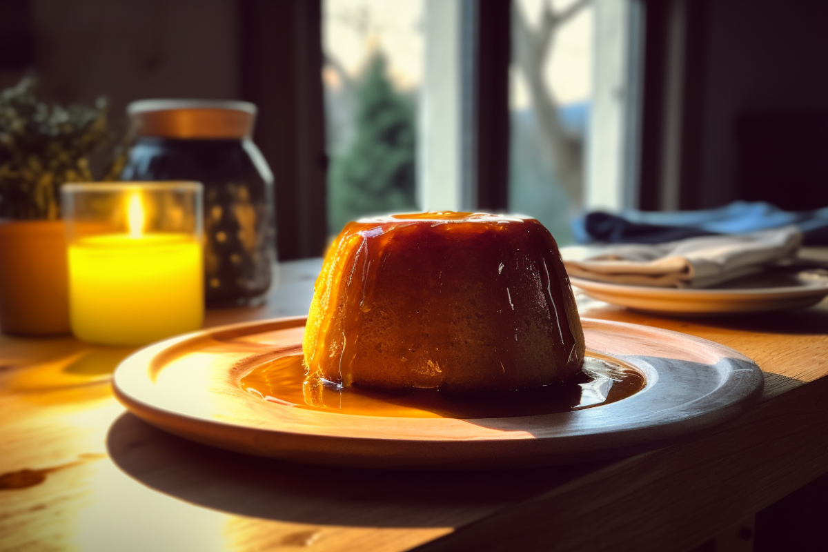 A traditional British steamed pudding drizzled with golden syrup and served with custard.