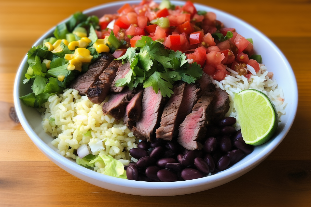 A colorful taco bowl filled with cilantro-lime rice, black beans, grilled steak, lettuce, pico de gallo, guacamole, and cheese, surrounded by fresh ingredients