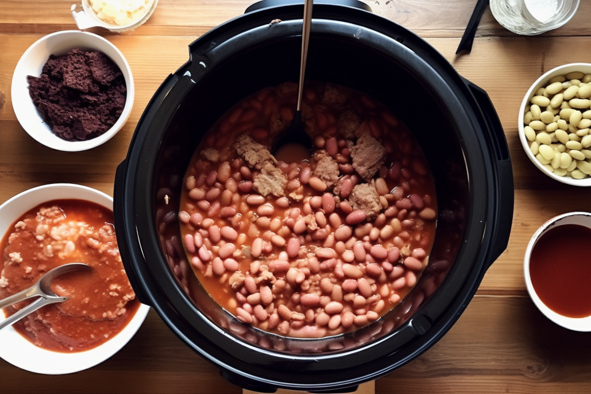 Overhead view of a slow cooker filled with calico beans, surrounded by cooking ingredients like onions, garlic, and utensils on a rustic table