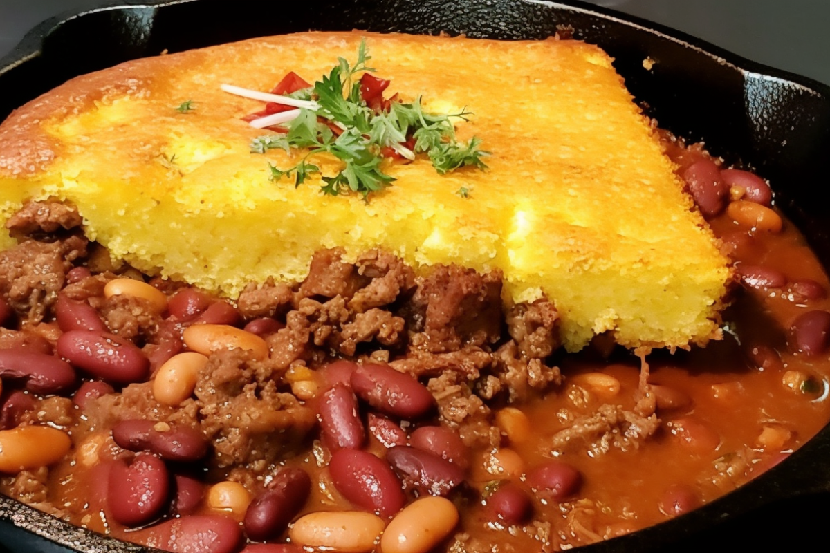 Close-up of cowboy beans in a cast-iron skillet, featuring beans, beef, and savory sauce, with cornbread and chili peppers in the background.