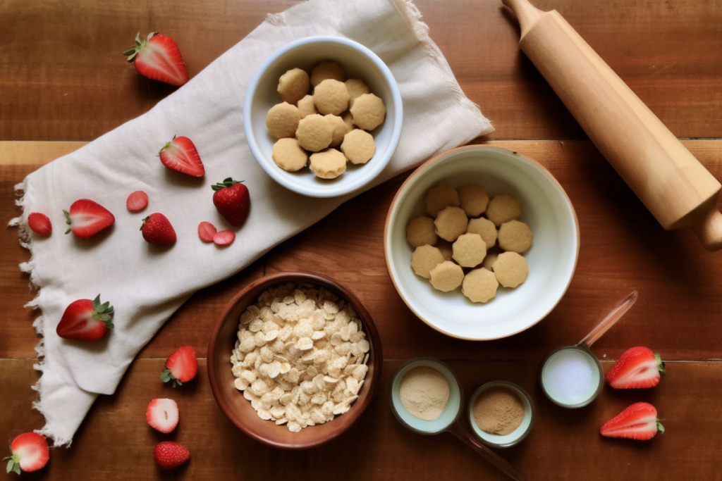 Flat-lay of ingredients for Strawberry Shortcake Crunchies: freeze-dried strawberries, cookies, and white chocolate.