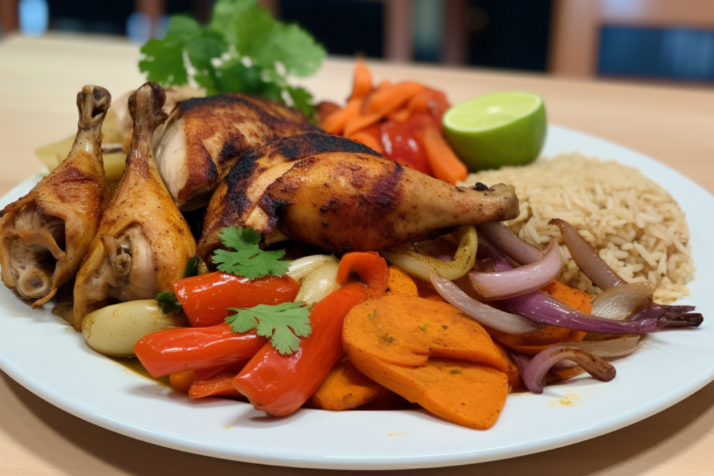 Pollo Asado served on a white platter, garnished with cilantro and lime, alongside rice, beans, and vegetables