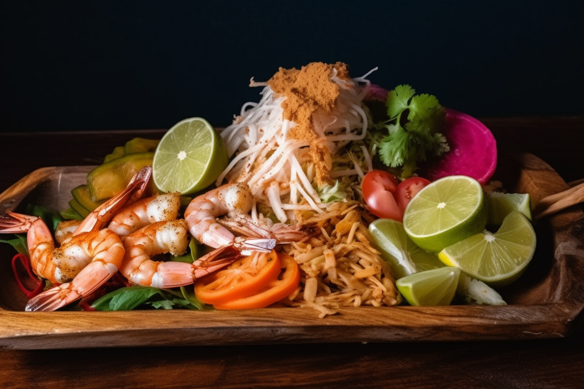 Shredded chicken, ground beef, and grilled shrimp garnished with lime and cilantro