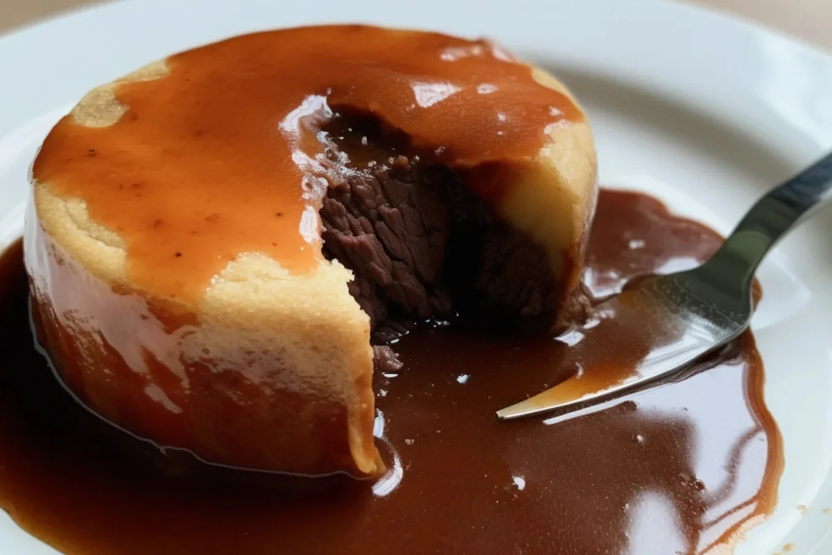 A savory steak and kidney pudding cut open, revealing a rich filling of beef and gravy.