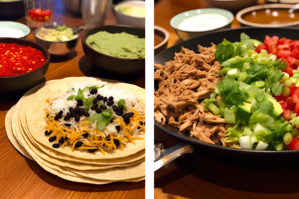 A side-by-side view of a tostada and a taco bowl, showcasing the tostada’s flat crispy base and the taco bowl’s layered edible shell, set against a rustic background