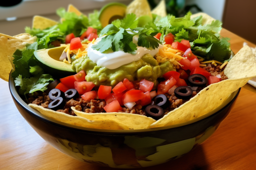 Fully assembled taco bowl with rice, beans, vegetables, and fresh toppings