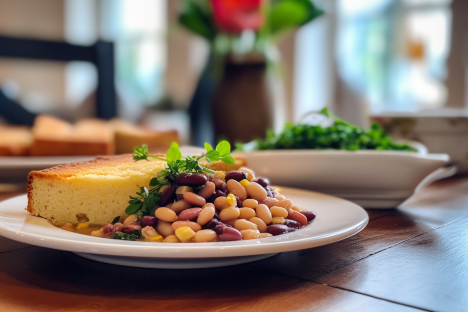 Stylish serving of calico beans with cornbread slices on a farmhouse table, garnished with fresh herbs and softly lit for a cozy presentation