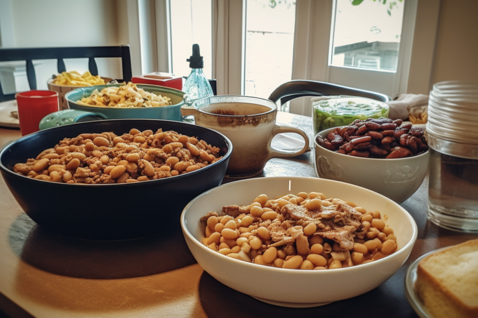 A table with cowboy beans, grilled meats, cornbread, and iced tea, styled as a Western meal setting with a warm and inviting atmosphere